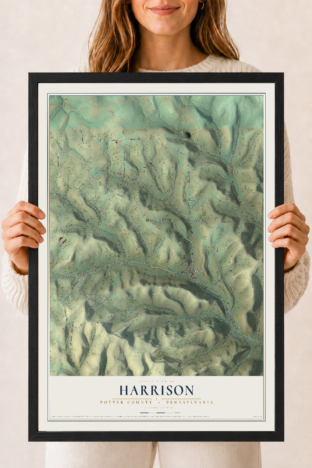 Map of Harrison, Potter County, Pennsylvania, 18 x 24 inch print in a black wood frame