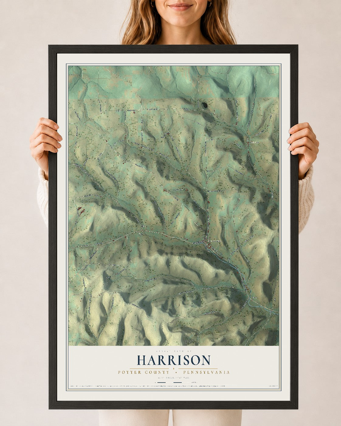 Map of Harrison, Potter County, Pennsylvania, 24 x 36 inch print in a black wood frame