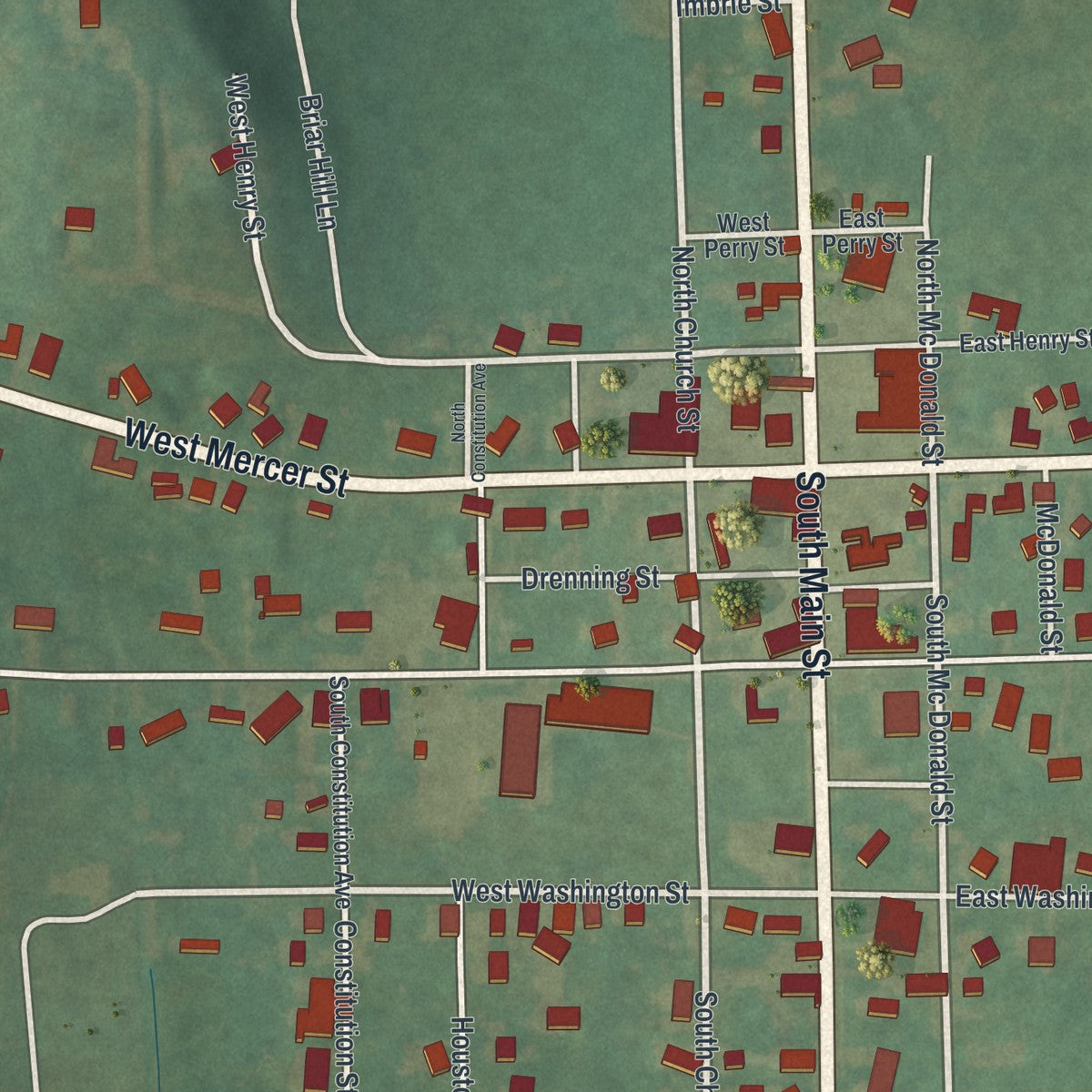 Close-up of the map of Harrisville, Pennsylvania print showing street and building detail