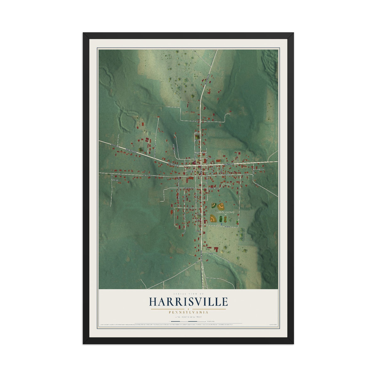 Map of Harrisville, Pennsylvania, 12 x 18 inch print in a black wood frame