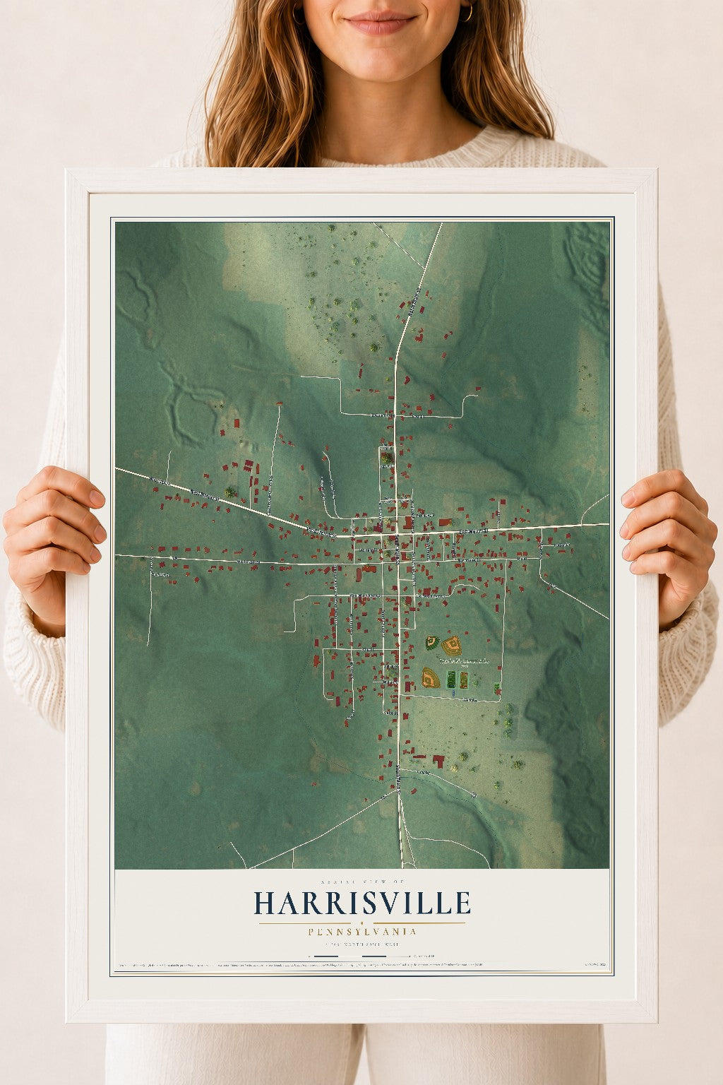 Map of Harrisville, Pennsylvania, 18 x 24 inch print in a white wood frame