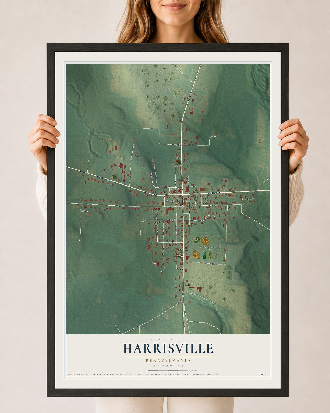 Map of Harrisville, Pennsylvania, 24 x 36 inch print in a black wood frame