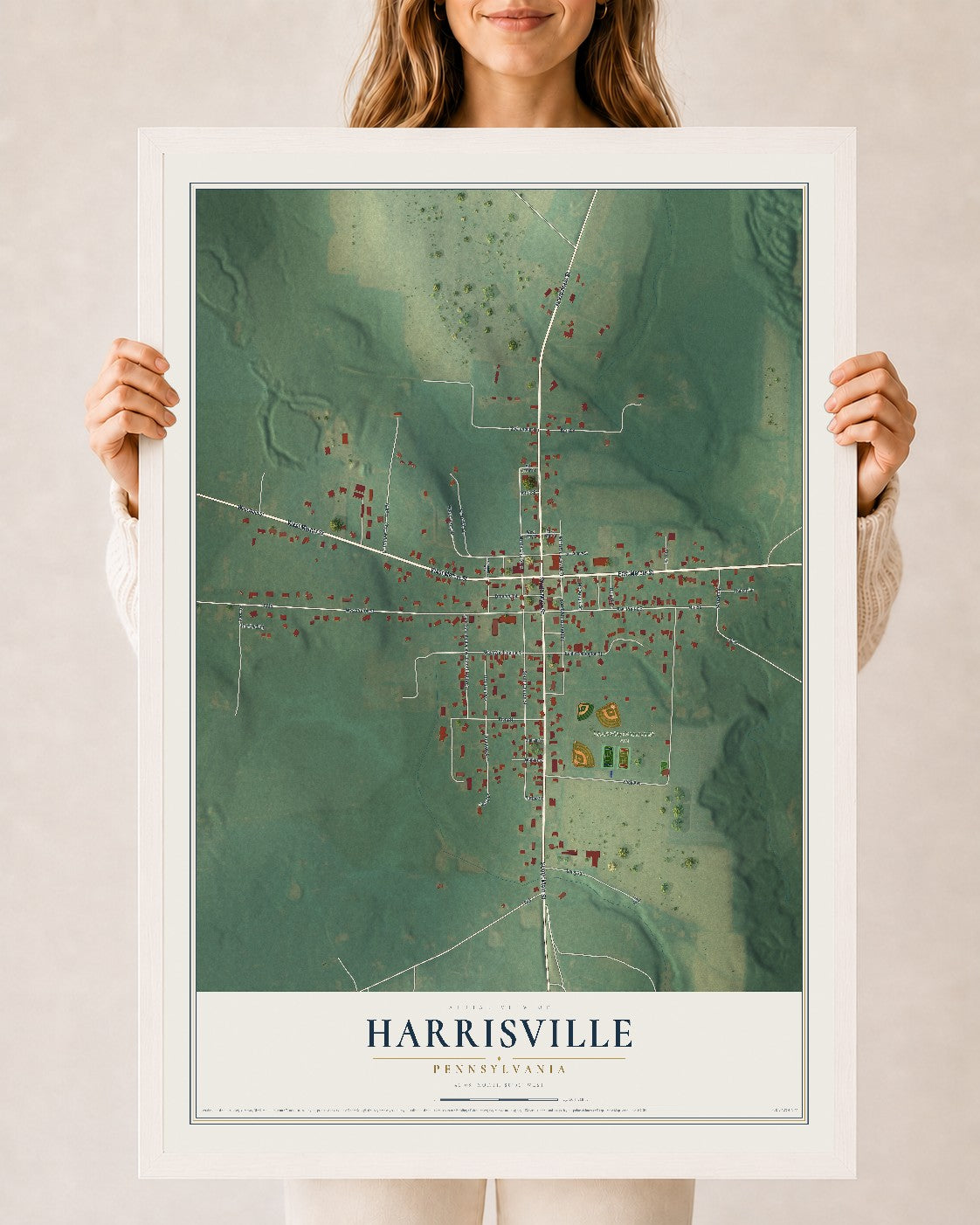 Map of Harrisville, Pennsylvania, 24 x 36 inch print in a white wood frame