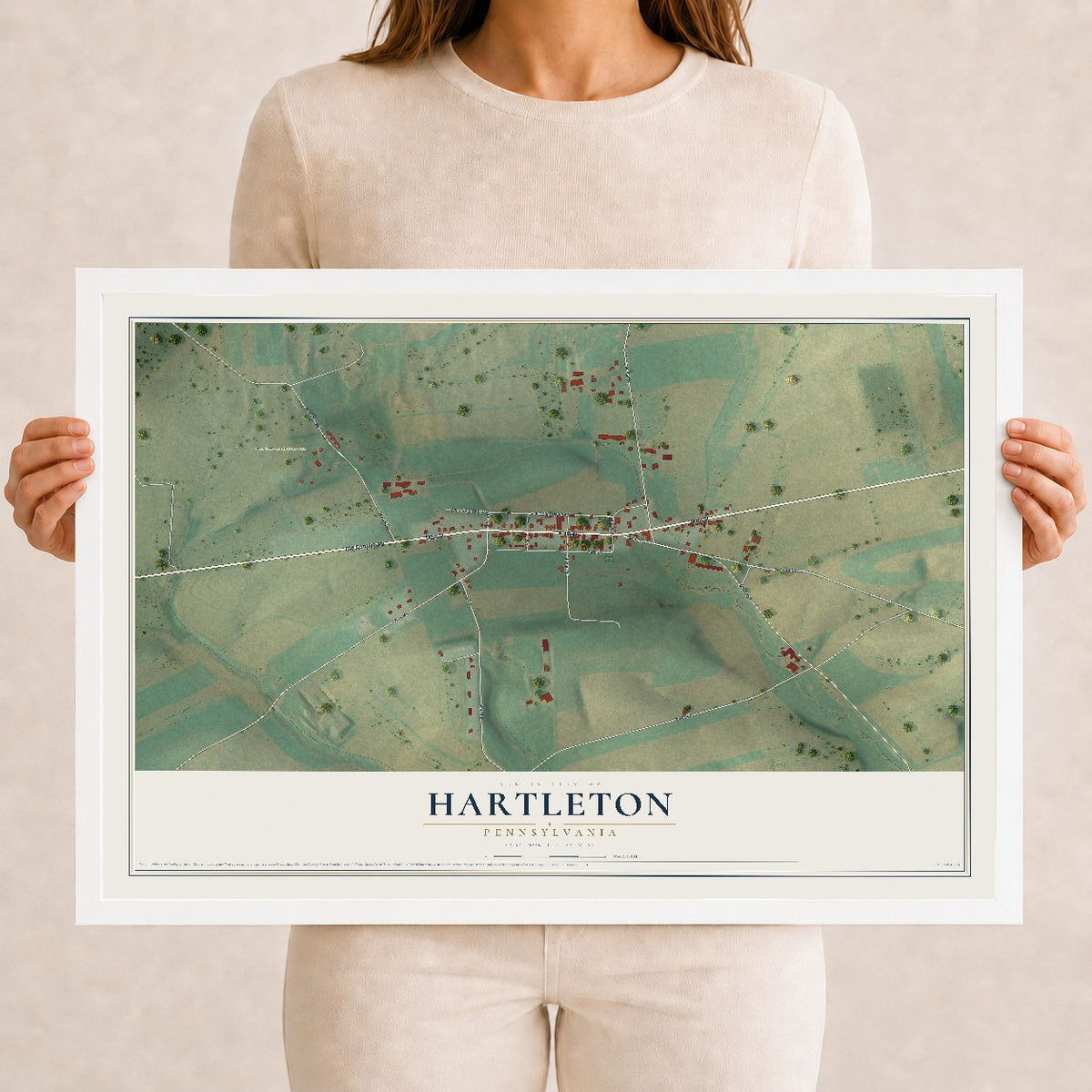 Map of Hartleton, Pennsylvania, 12 x 18 inch print in a white wood frame