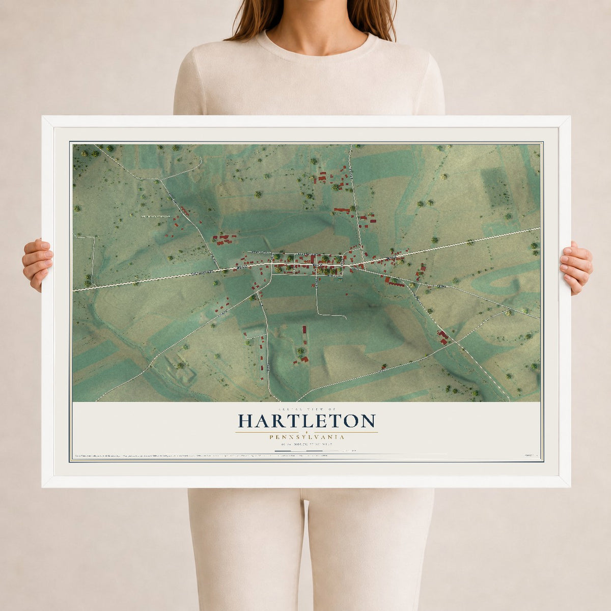 Map of Hartleton, Pennsylvania, 24 x 36 inch print in a white wood frame