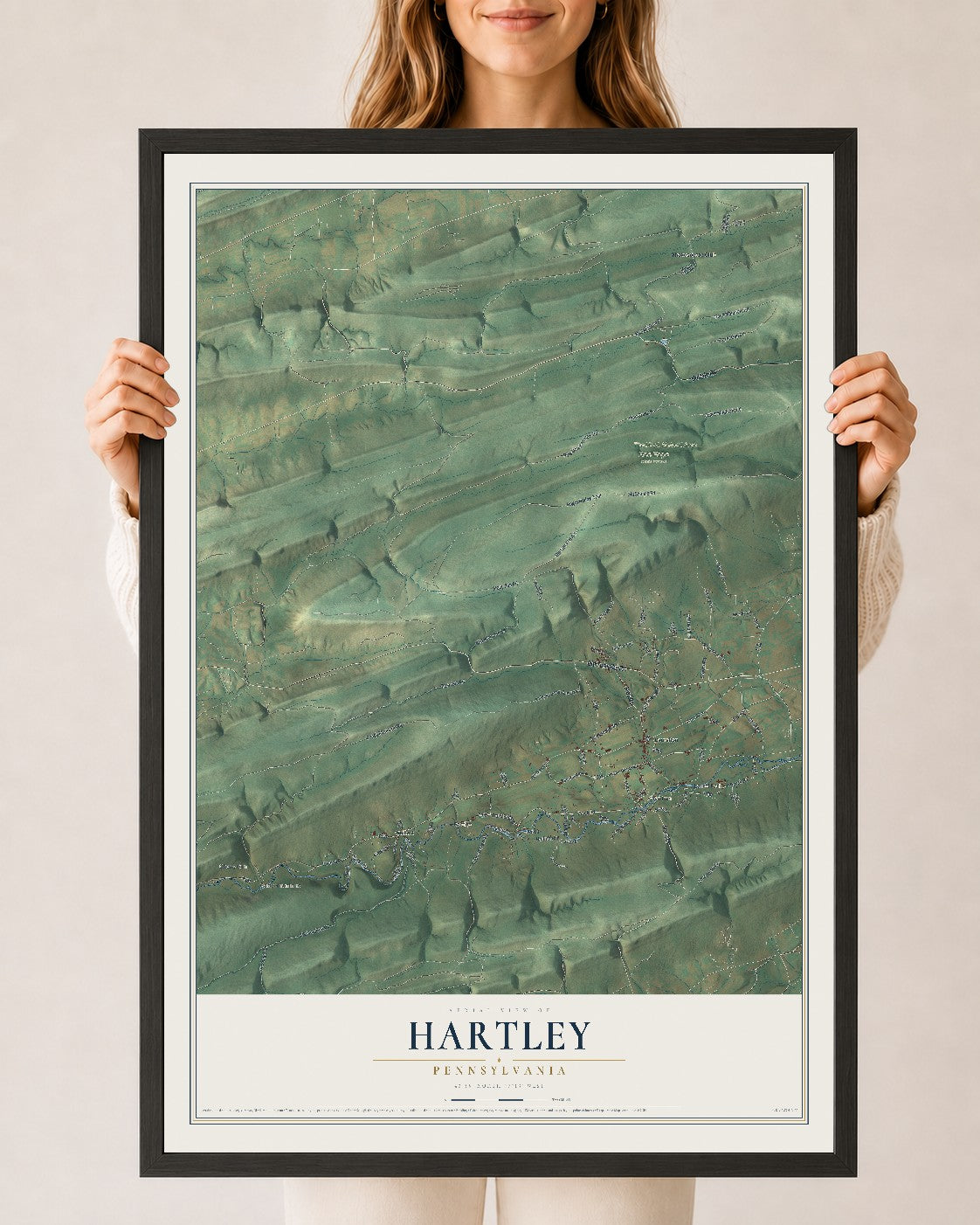 Map of Hartley, Pennsylvania, 24 x 36 inch print in a black wood frame