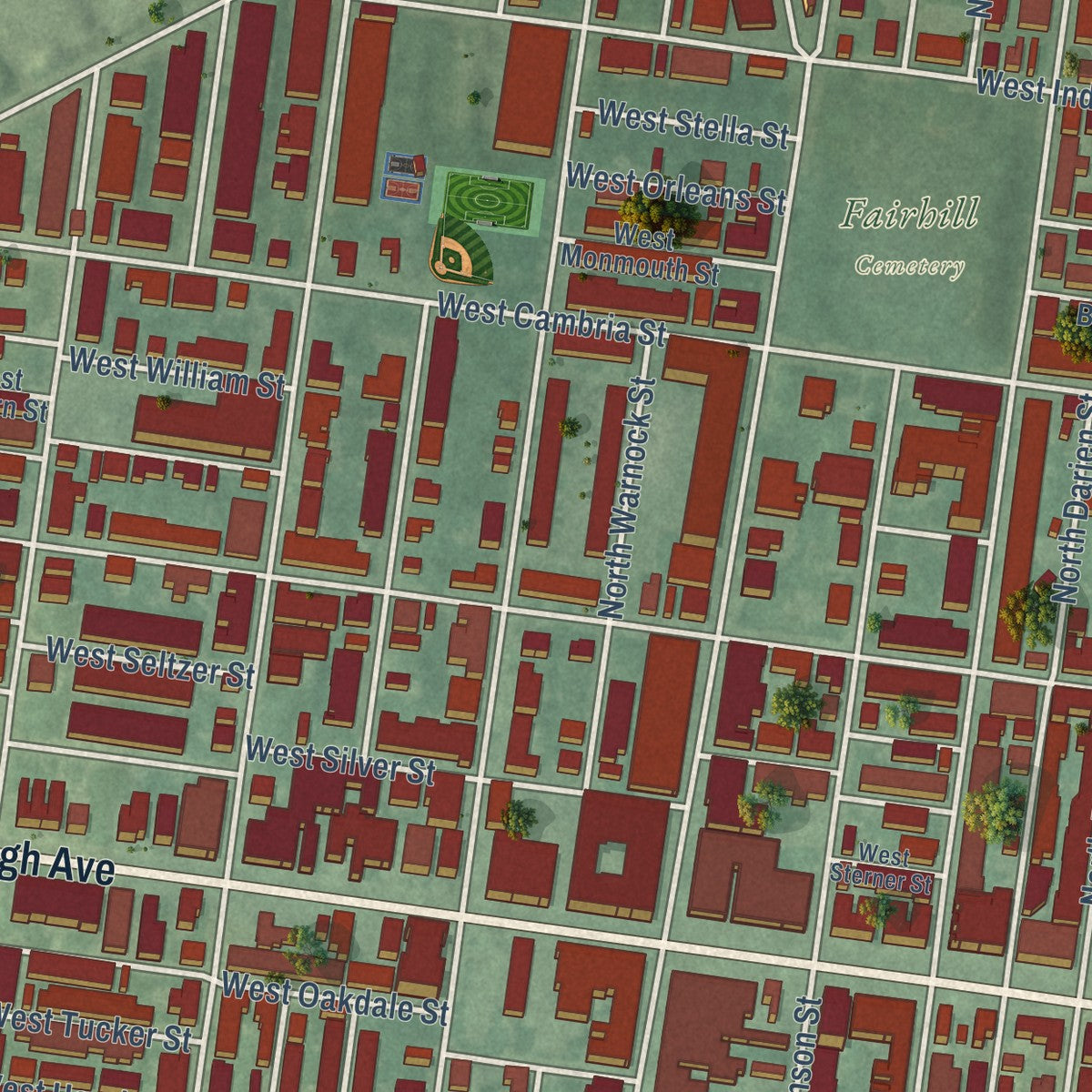 Close-up of the map of Hartranft, Pennsylvania print showing street and building detail