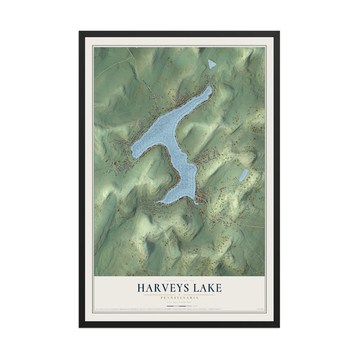 Map of Harveys Lake, Pennsylvania, 12 x 18 inch print in a black wood frame