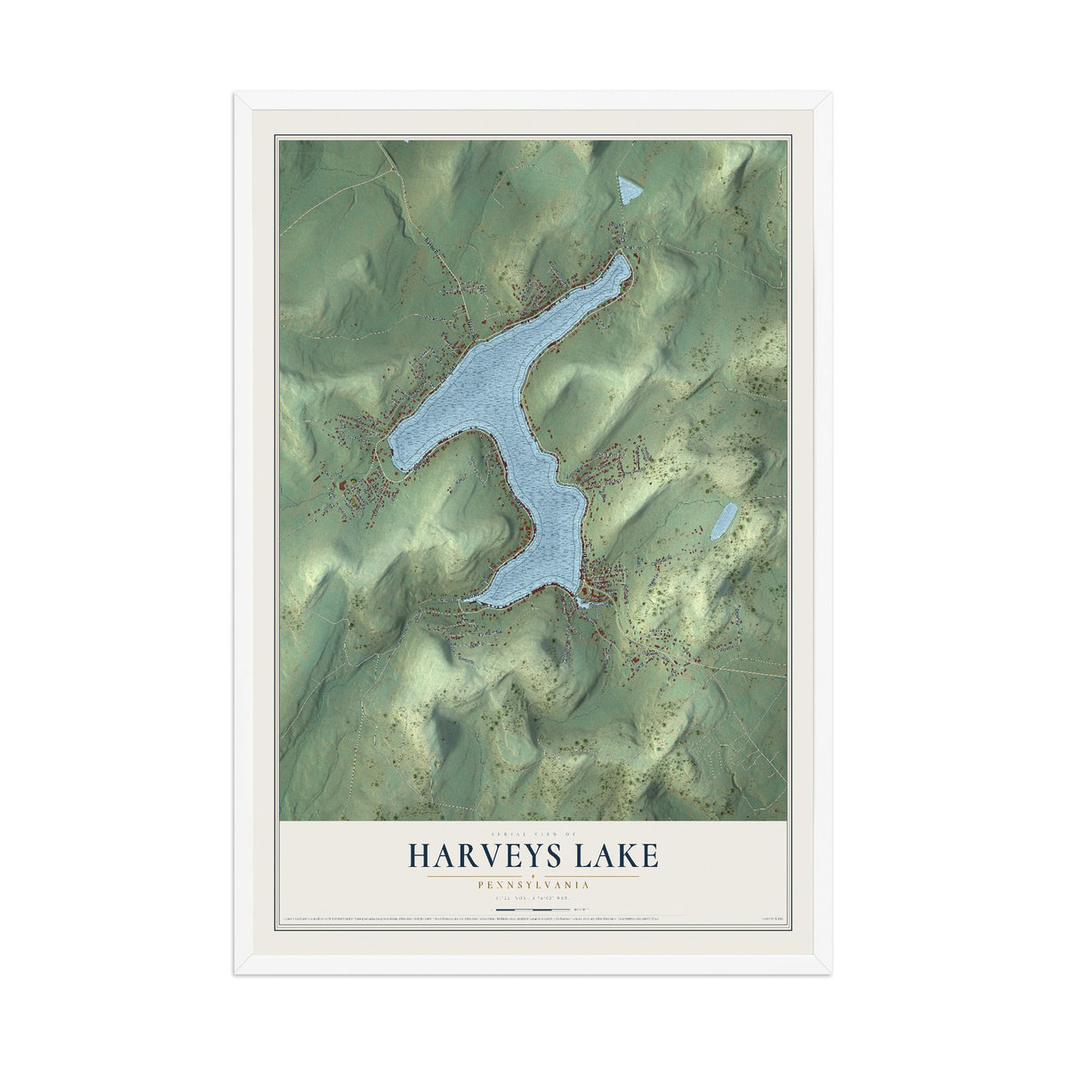Map of Harveys Lake, Pennsylvania, 12 x 18 inch print in a white wood frame