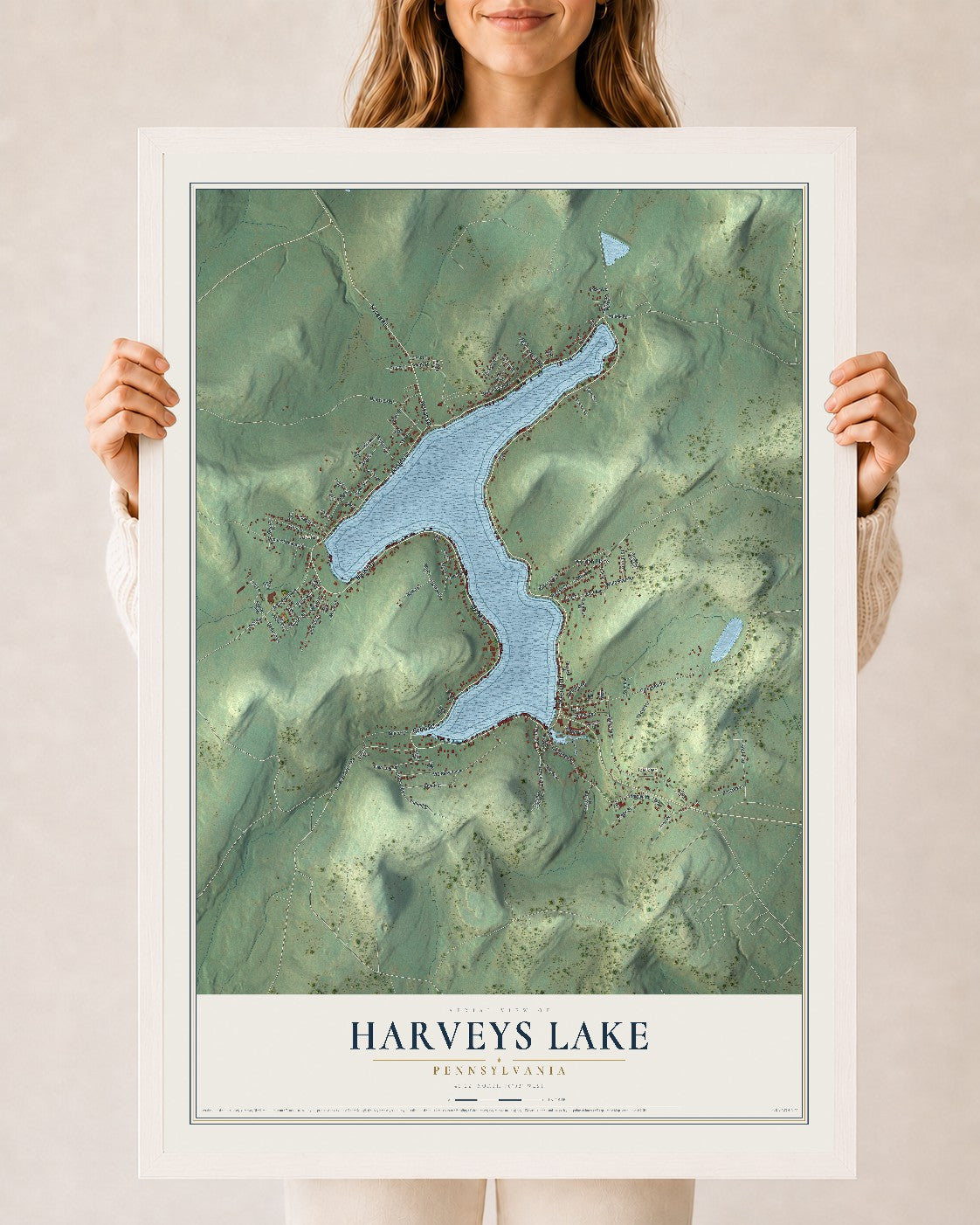 Map of Harveys Lake, Pennsylvania, 24 x 36 inch print in a white wood frame