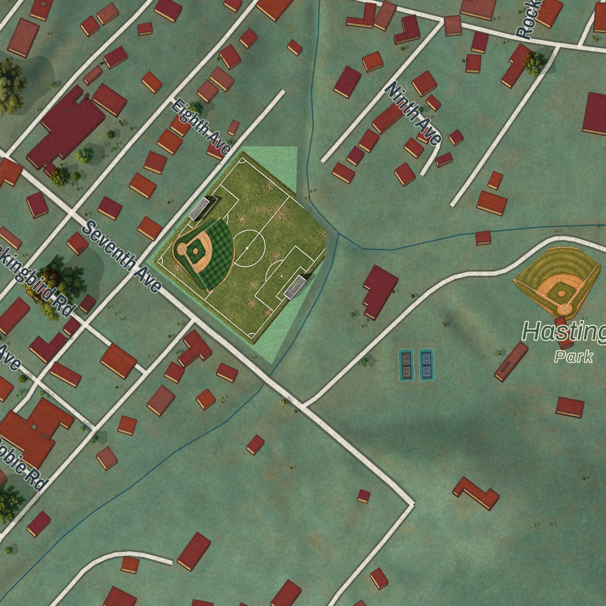 Second close-up of the map of Hastings, Pennsylvania print showing more streets and buildings