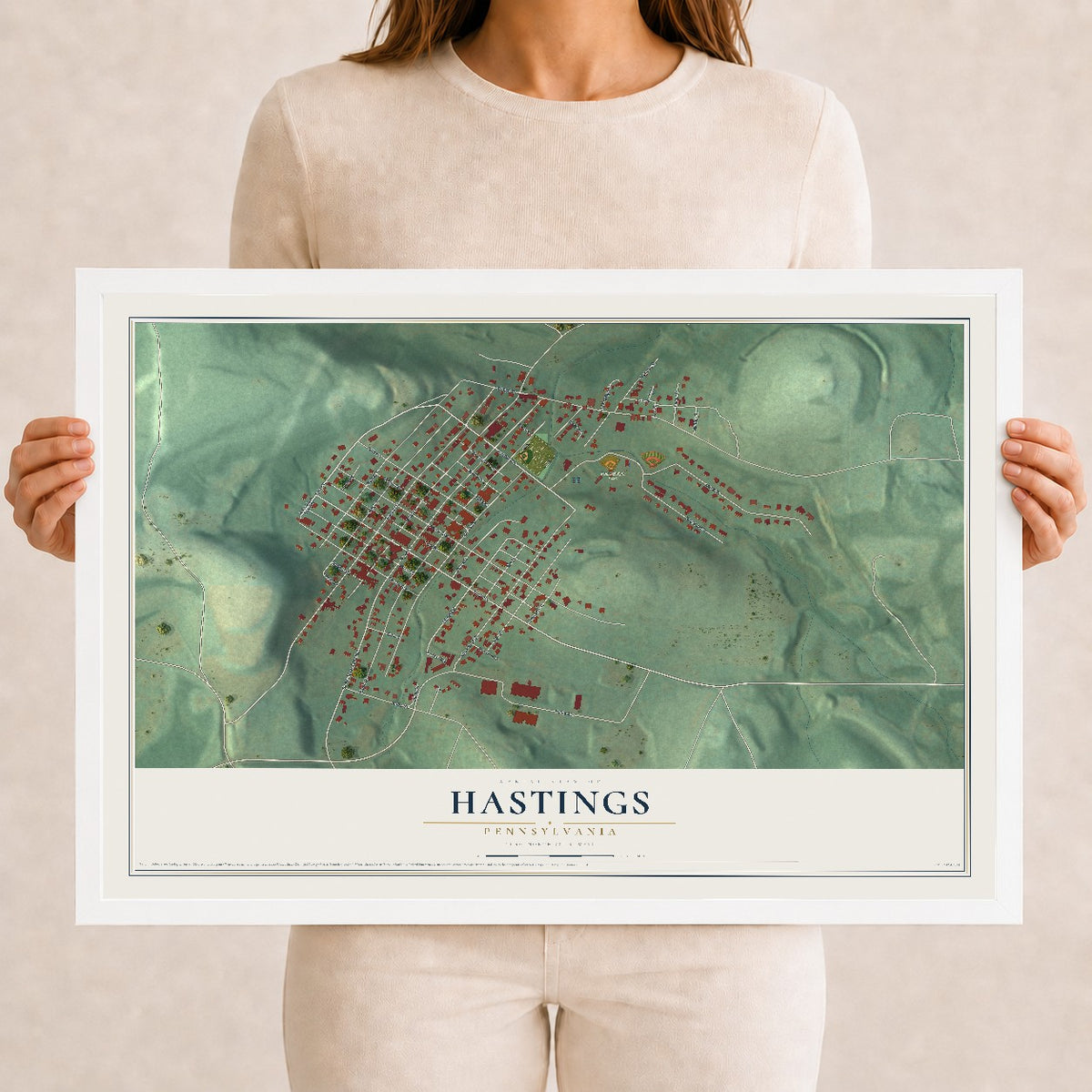 Map of Hastings, Pennsylvania, 12 x 18 inch print in a white wood frame
