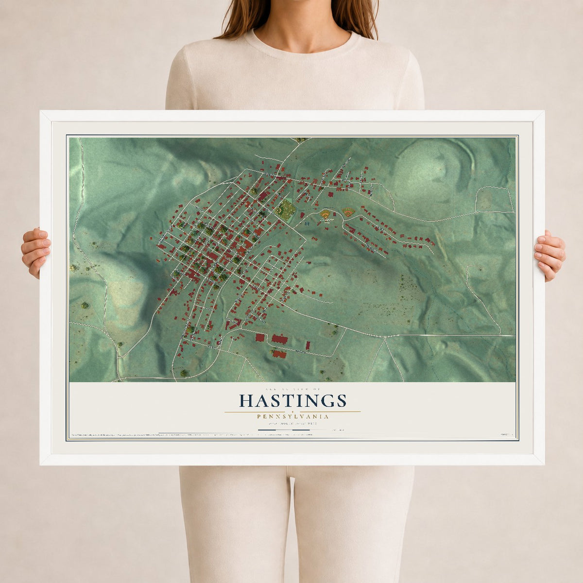 Map of Hastings, Pennsylvania, 24 x 36 inch print in a white wood frame