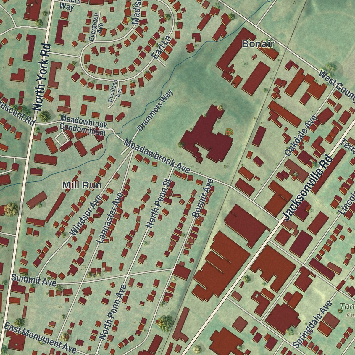 Close-up of the map of Hatboro, Pennsylvania print showing street and building detail