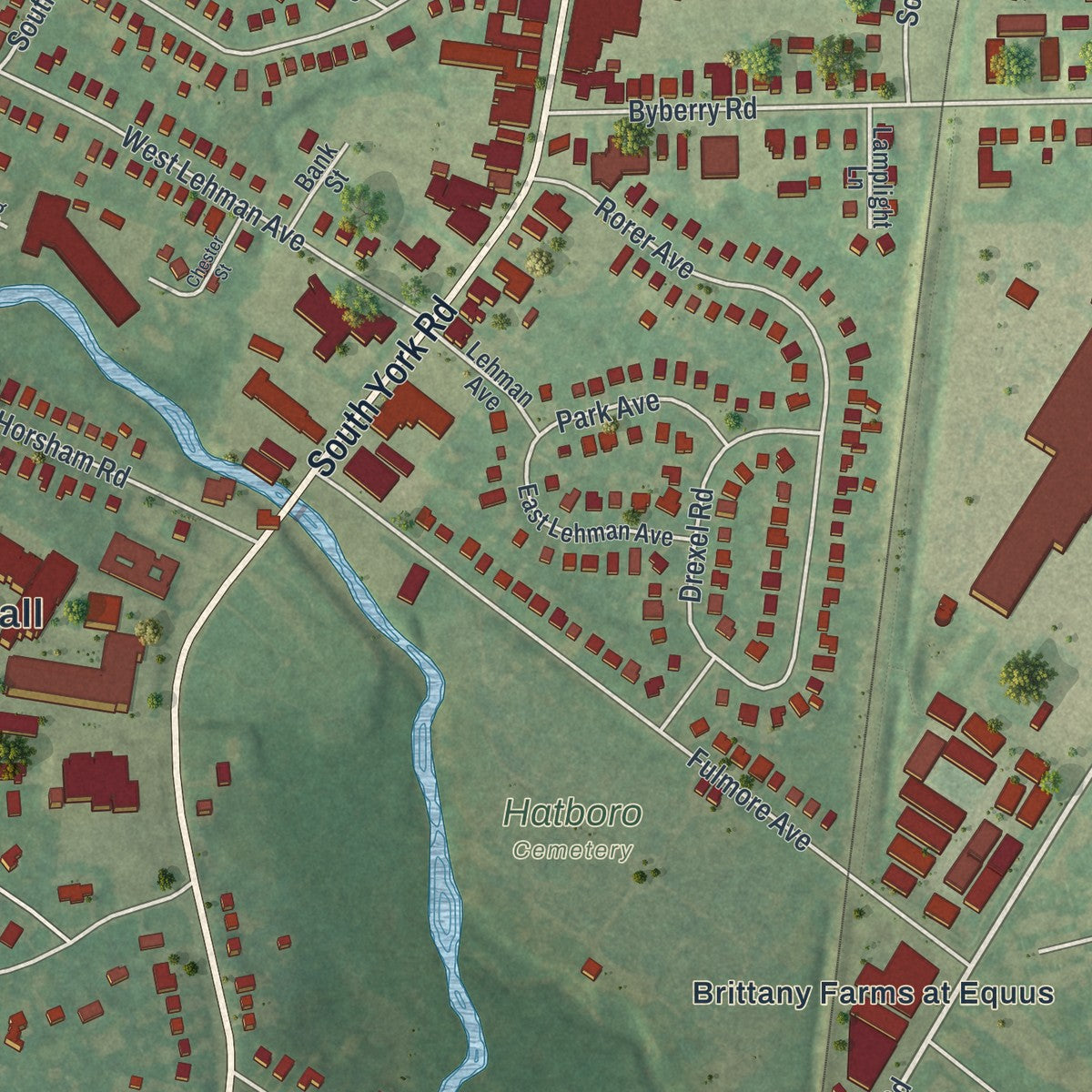 Second close-up of the map of Hatboro, Pennsylvania print showing more streets and buildings