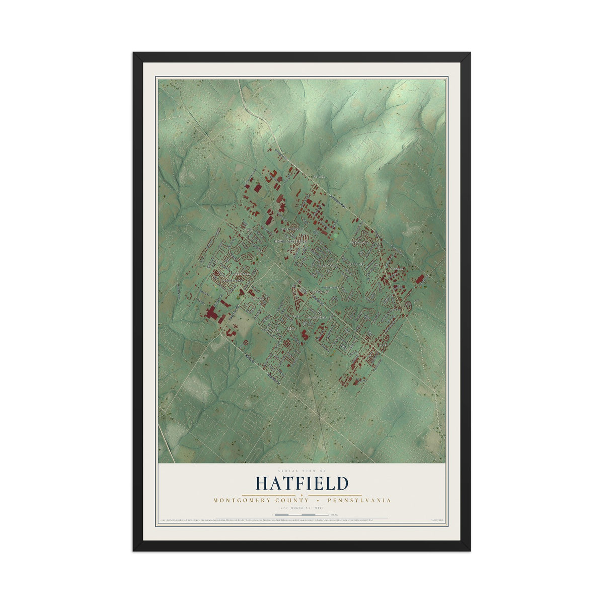 Map of Hatfield, Montgomery County, Pennsylvania, 12 x 18 inch print in a black wood frame