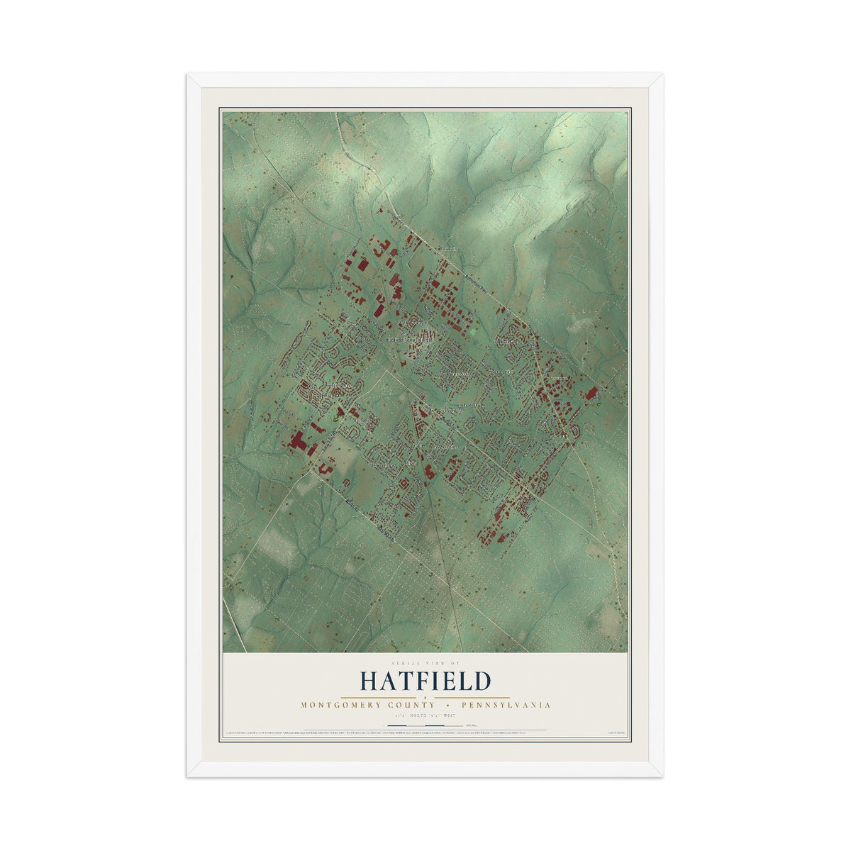 Map of Hatfield, Montgomery County, Pennsylvania, 12 x 18 inch print in a white wood frame