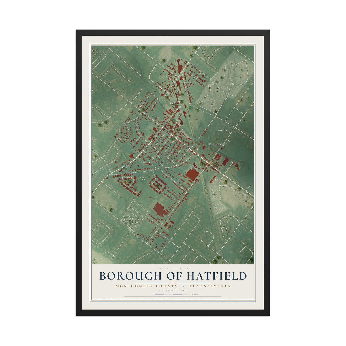Map of the Borough of Hatfield, Montgomery County, Pennsylvania, 12 x 18 inch print in a black wood frame