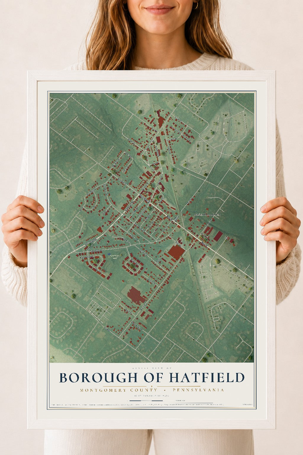 Map of the Borough of Hatfield, Montgomery County, Pennsylvania, 18 x 24 inch print in a white wood frame