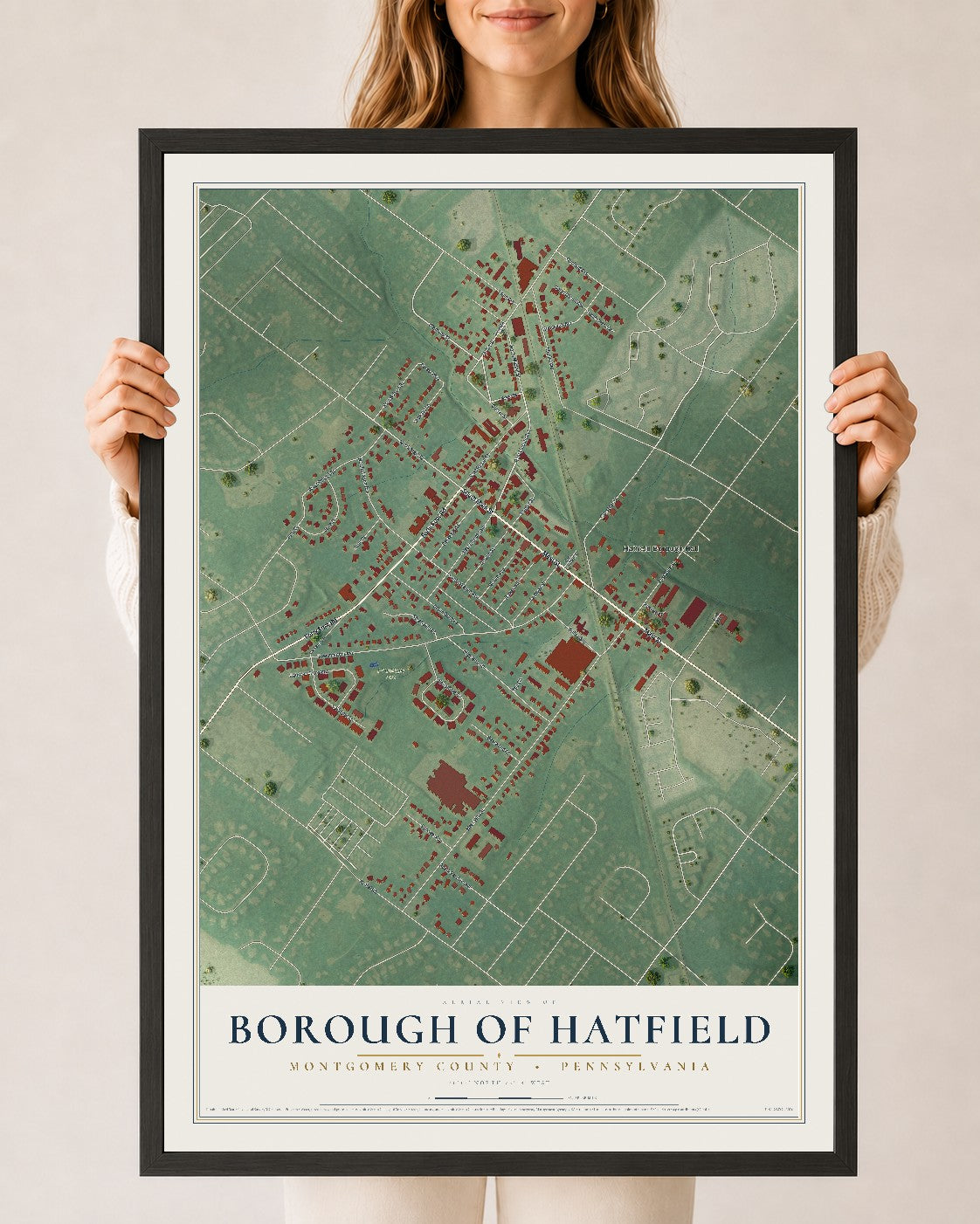 Map of the Borough of Hatfield, Montgomery County, Pennsylvania, 24 x 36 inch print in a black wood frame