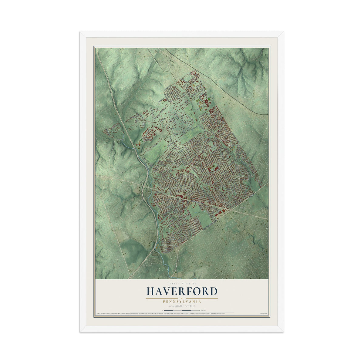 Map of Haverford, Pennsylvania, 12 x 18 inch print in a white wood frame