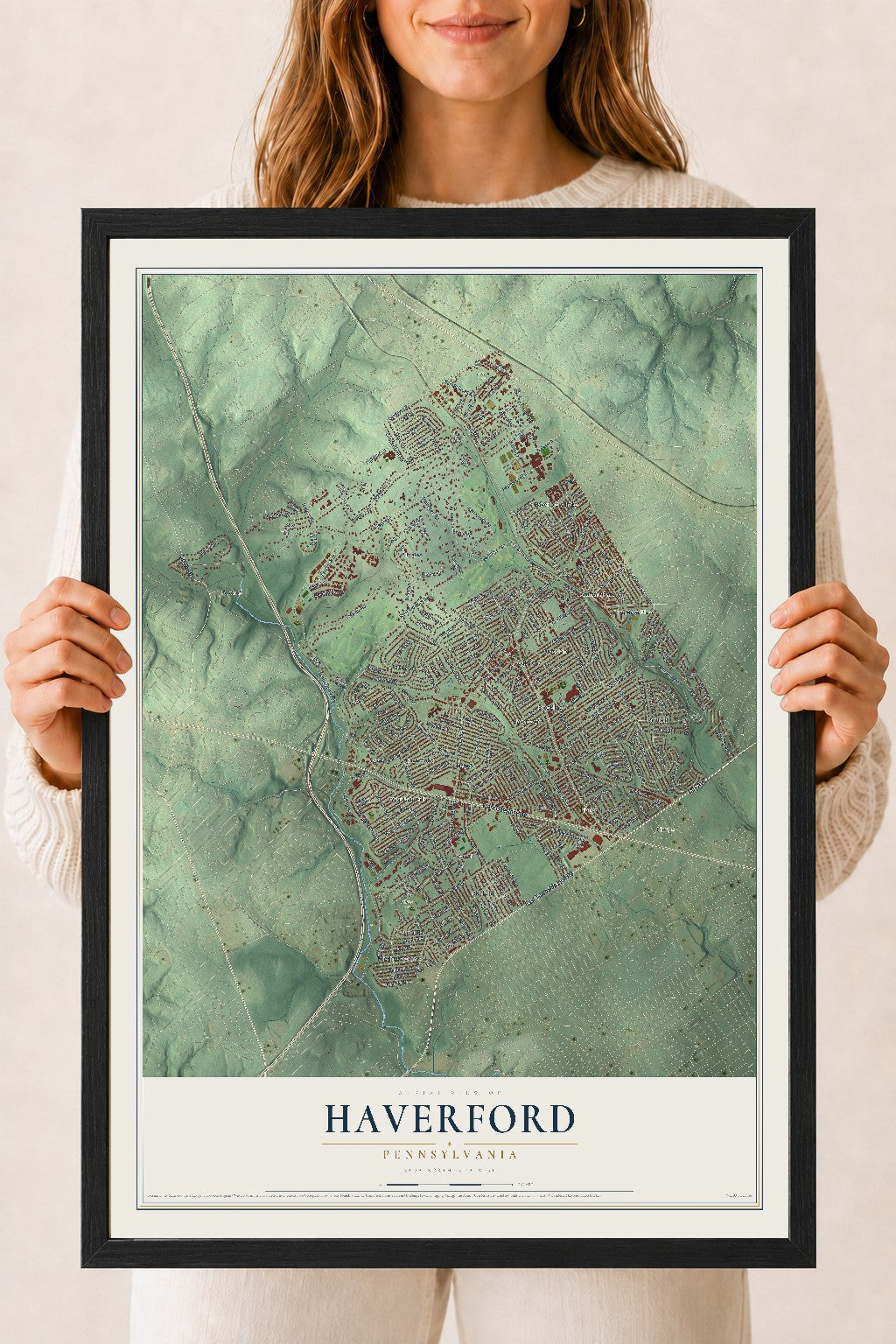 Map of Haverford, Pennsylvania, 18 x 24 inch print in a black wood frame