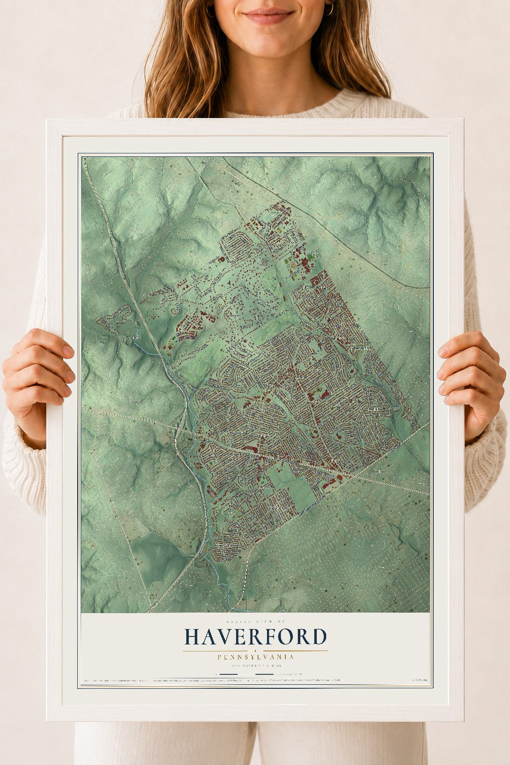 Map of Haverford, Pennsylvania, 18 x 24 inch print in a white wood frame