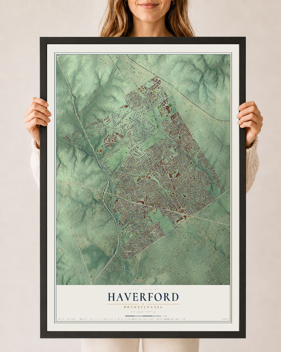 Map of Haverford, Pennsylvania, 24 x 36 inch print in a black wood frame