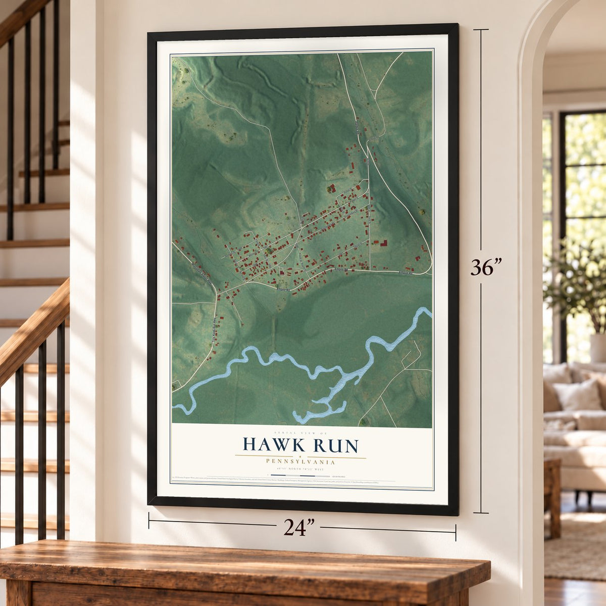 Hawk Run, Pennsylvania map, 24 x 36 inch print in a black frame by a staircase