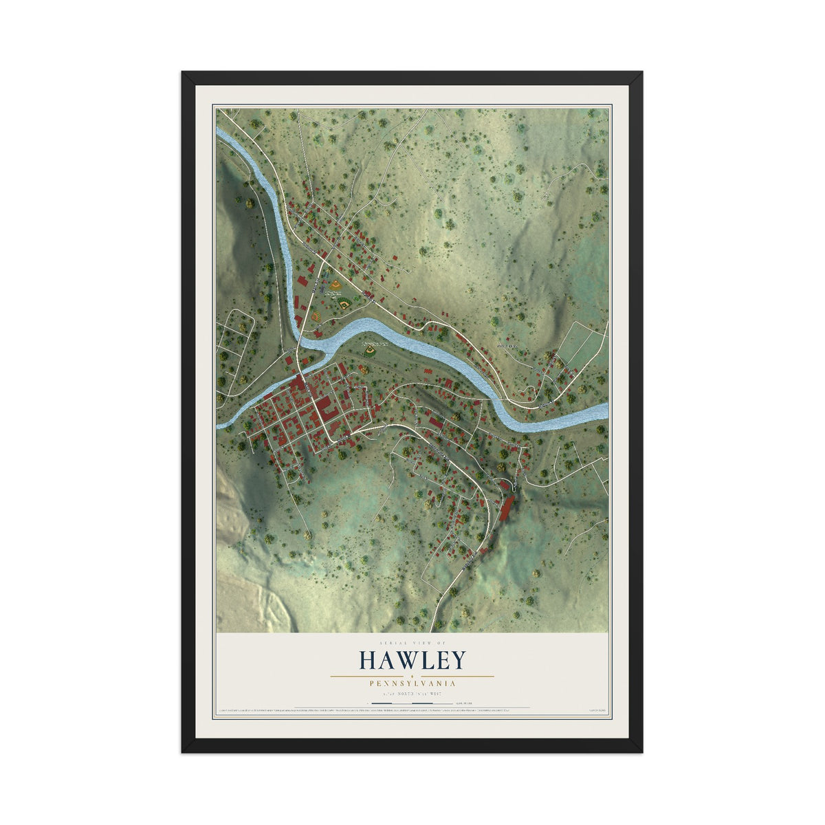 Map of Hawley, Pennsylvania, 12 x 18 inch print in a black wood frame