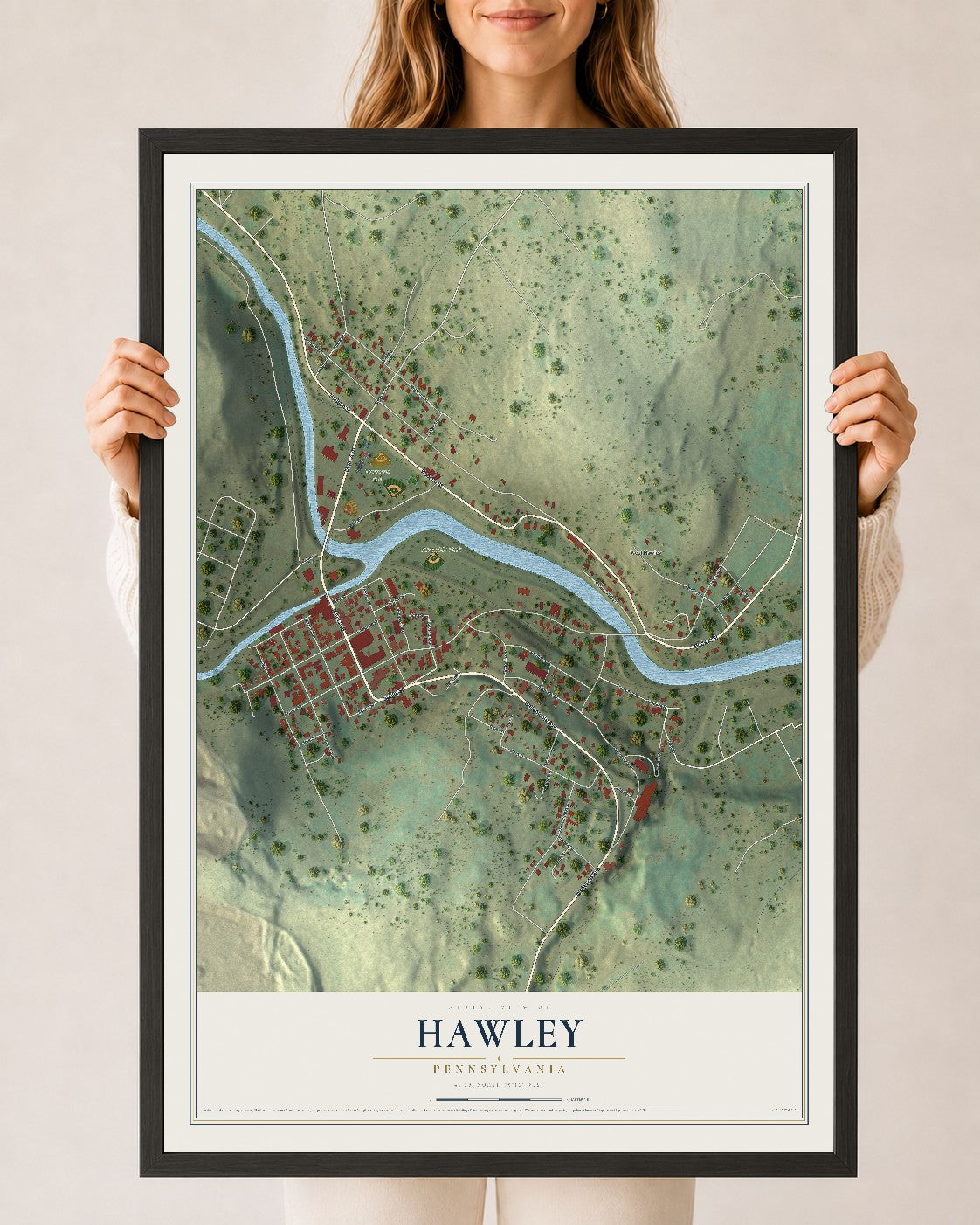Map of Hawley, Pennsylvania, 24 x 36 inch print in a black wood frame