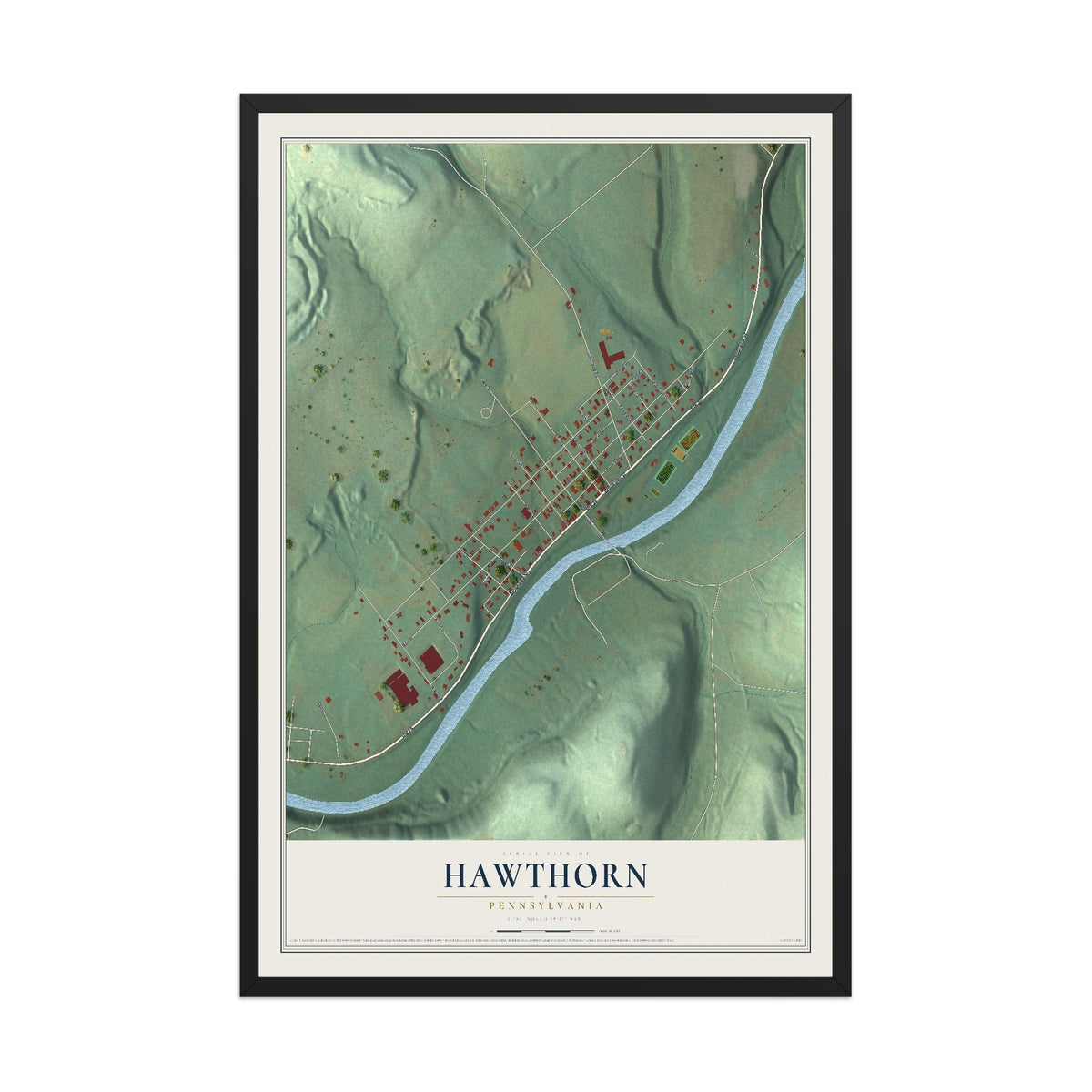 Map of Hawthorn, Pennsylvania, 12 x 18 inch print in a black wood frame