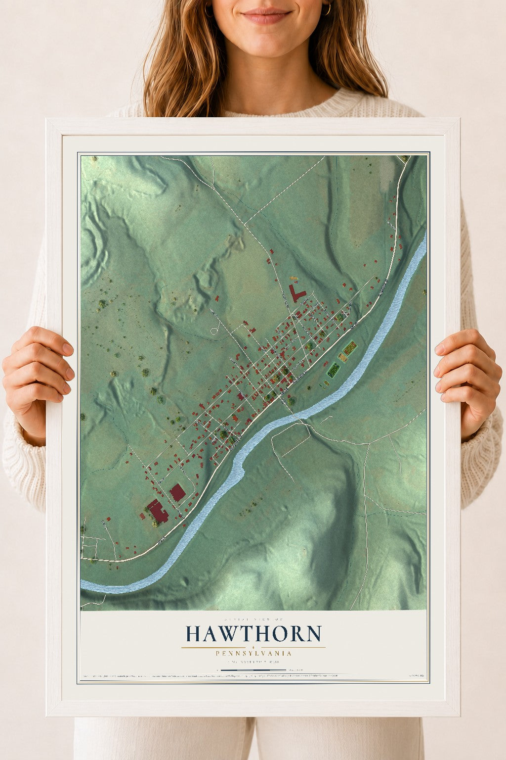 Map of Hawthorn, Pennsylvania, 18 x 24 inch print in a white wood frame