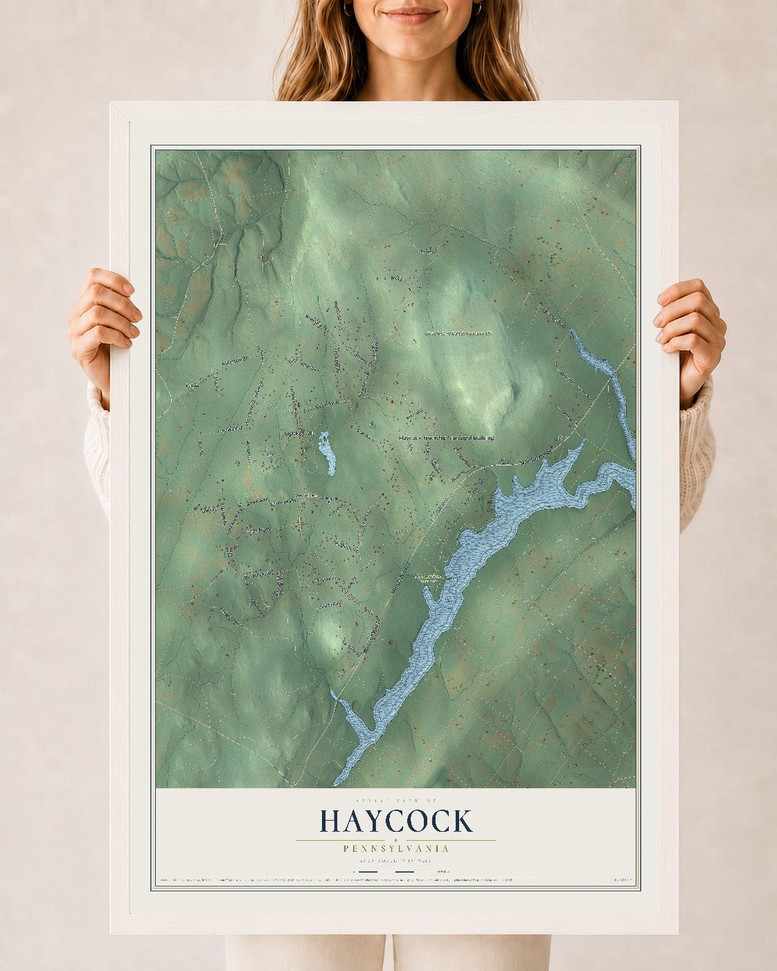 Map of Haycock, Pennsylvania, 24 x 36 inch print in a white wood frame