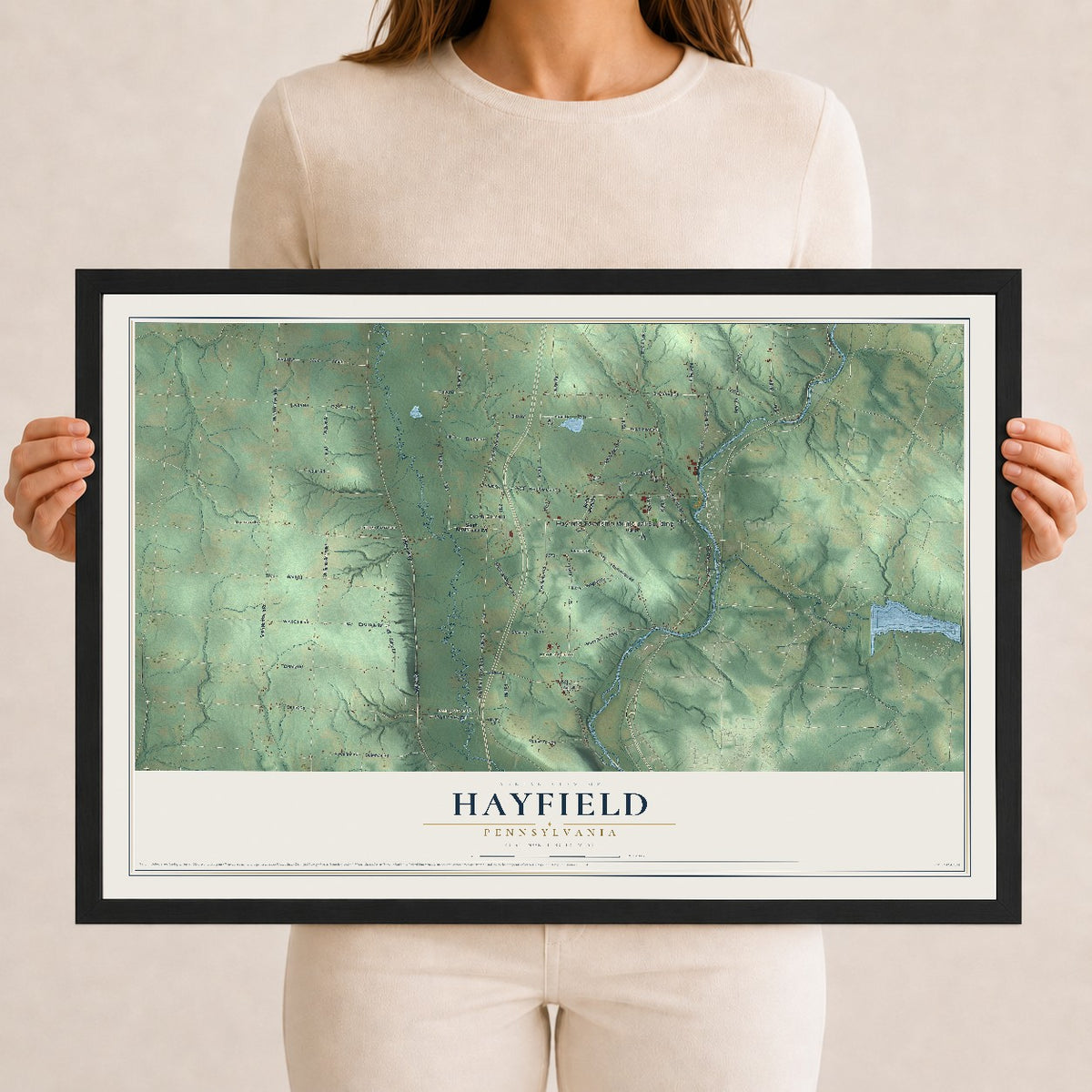 Map of Hayfield, Pennsylvania, 12 x 18 inch print in a black wood frame