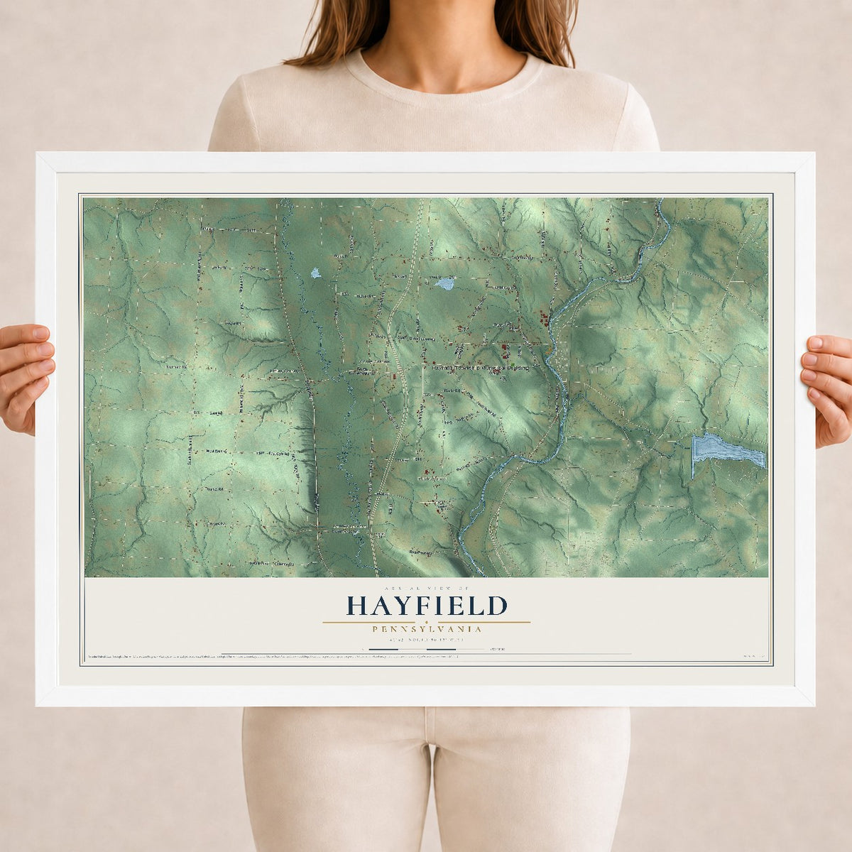 Map of Hayfield, Pennsylvania, 18 x 24 inch print in a white wood frame
