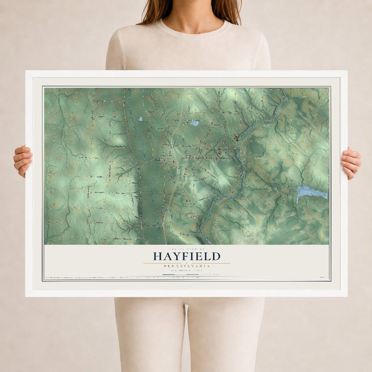 Map of Hayfield, Pennsylvania, 24 x 36 inch print in a white wood frame