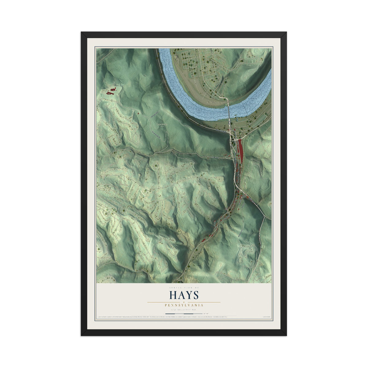 Map of Hays, Pennsylvania, 12 x 18 inch print in a black wood frame
