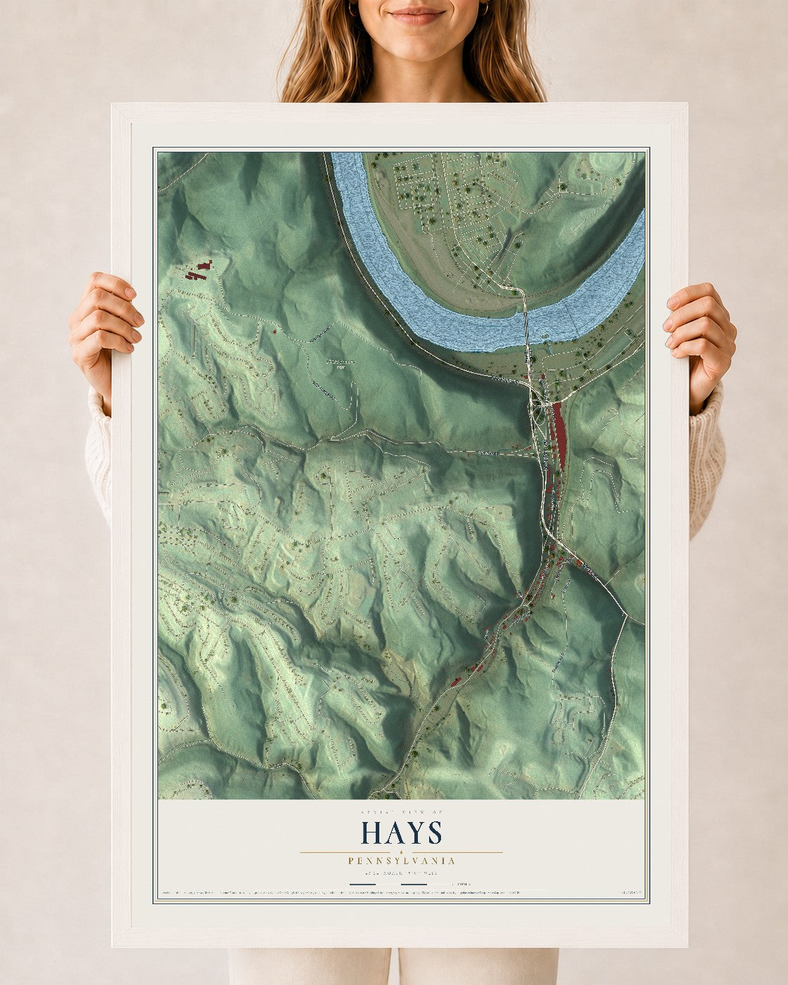 Map of Hays, Pennsylvania, 24 x 36 inch print in a white wood frame
