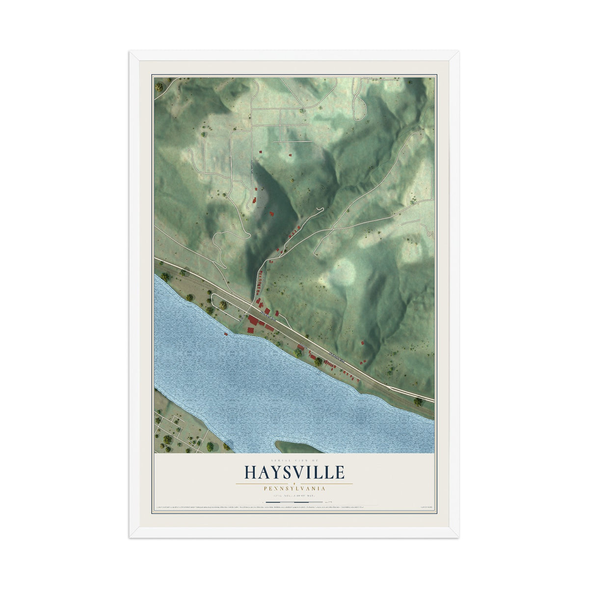 Map of Haysville, Pennsylvania, 12 x 18 inch print in a white wood frame