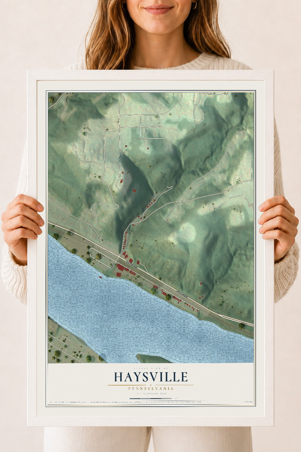 Map of Haysville, Pennsylvania, 18 x 24 inch print in a white wood frame