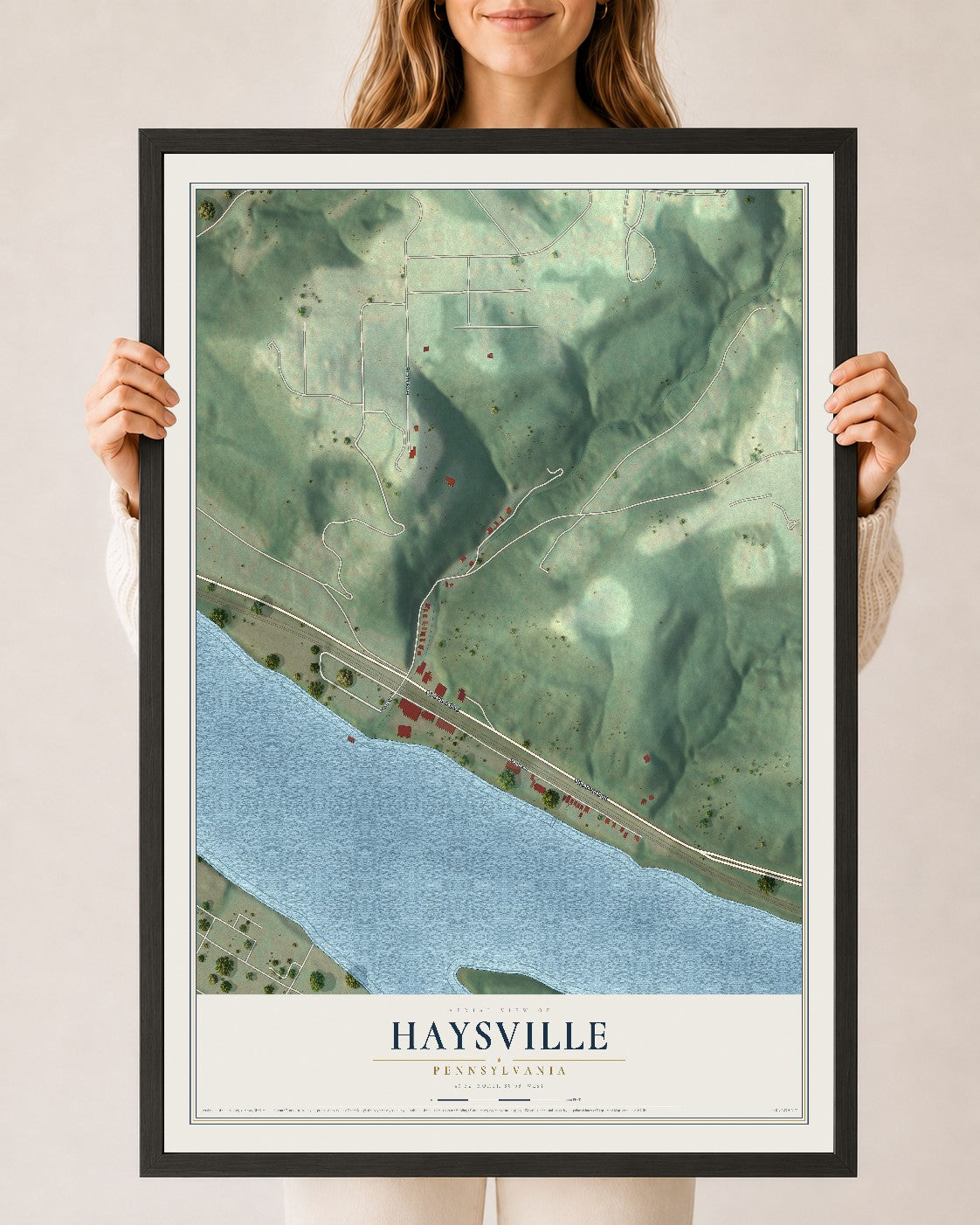 Map of Haysville, Pennsylvania, 24 x 36 inch print in a black wood frame