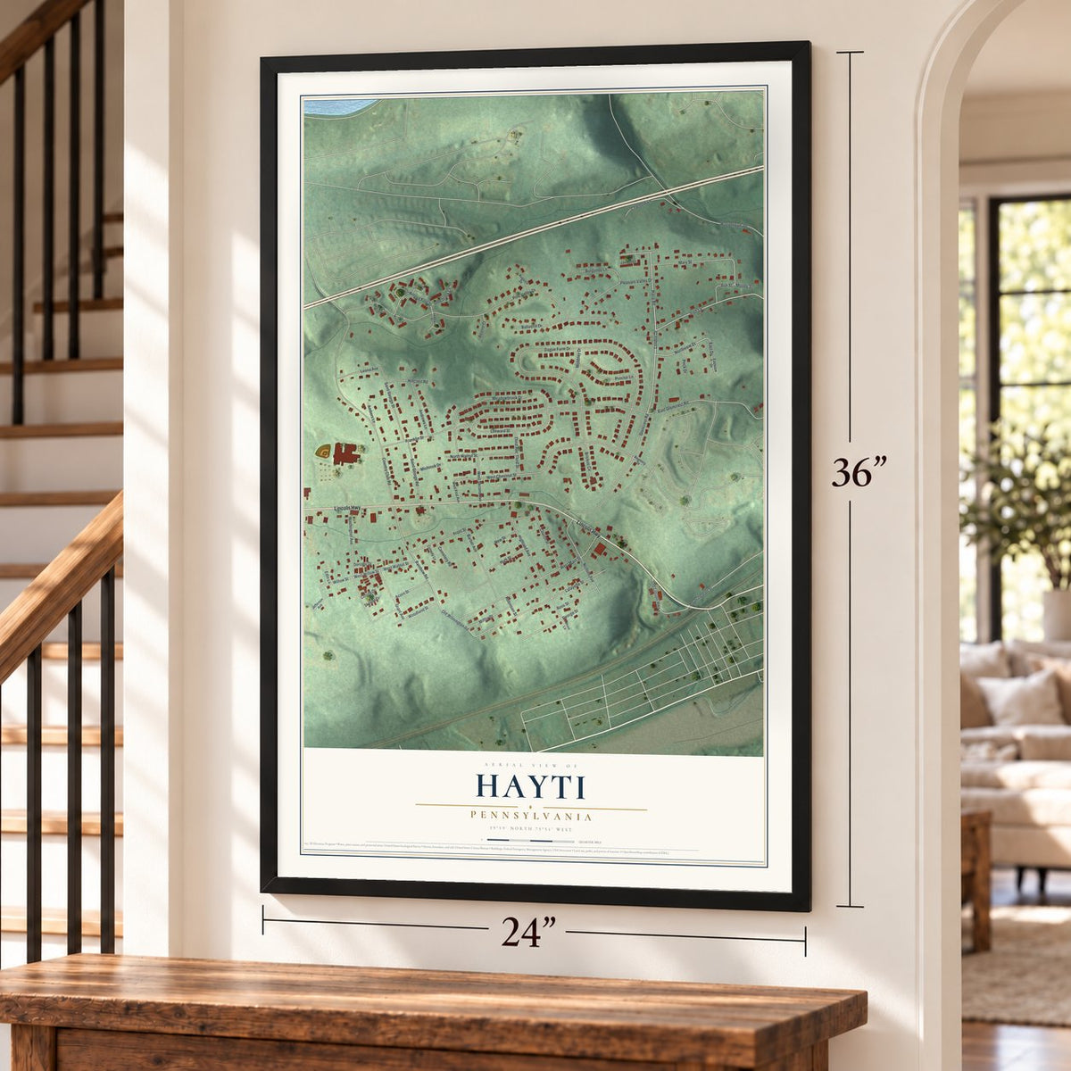 Hayti, Pennsylvania map, 24 x 36 inch print in a black frame by a staircase