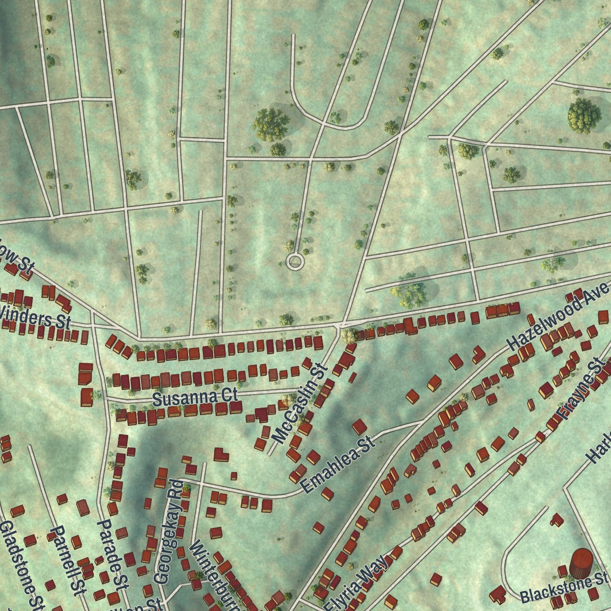 Second close-up of the map of Hazelwood, Pennsylvania print showing more streets and buildings