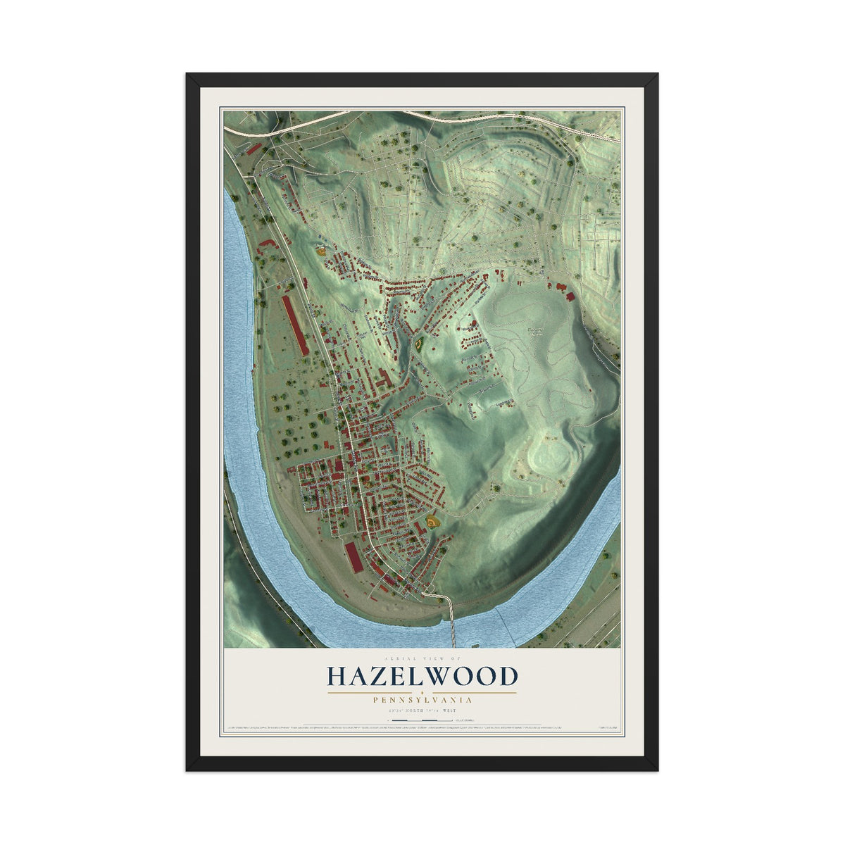 Map of Hazelwood, Pennsylvania, 12 x 18 inch print in a black wood frame