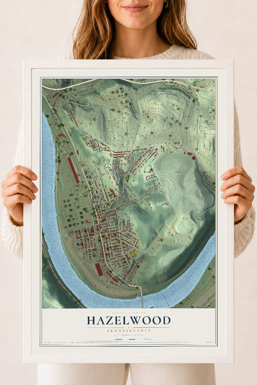 Map of Hazelwood, Pennsylvania, 18 x 24 inch print in a white wood frame