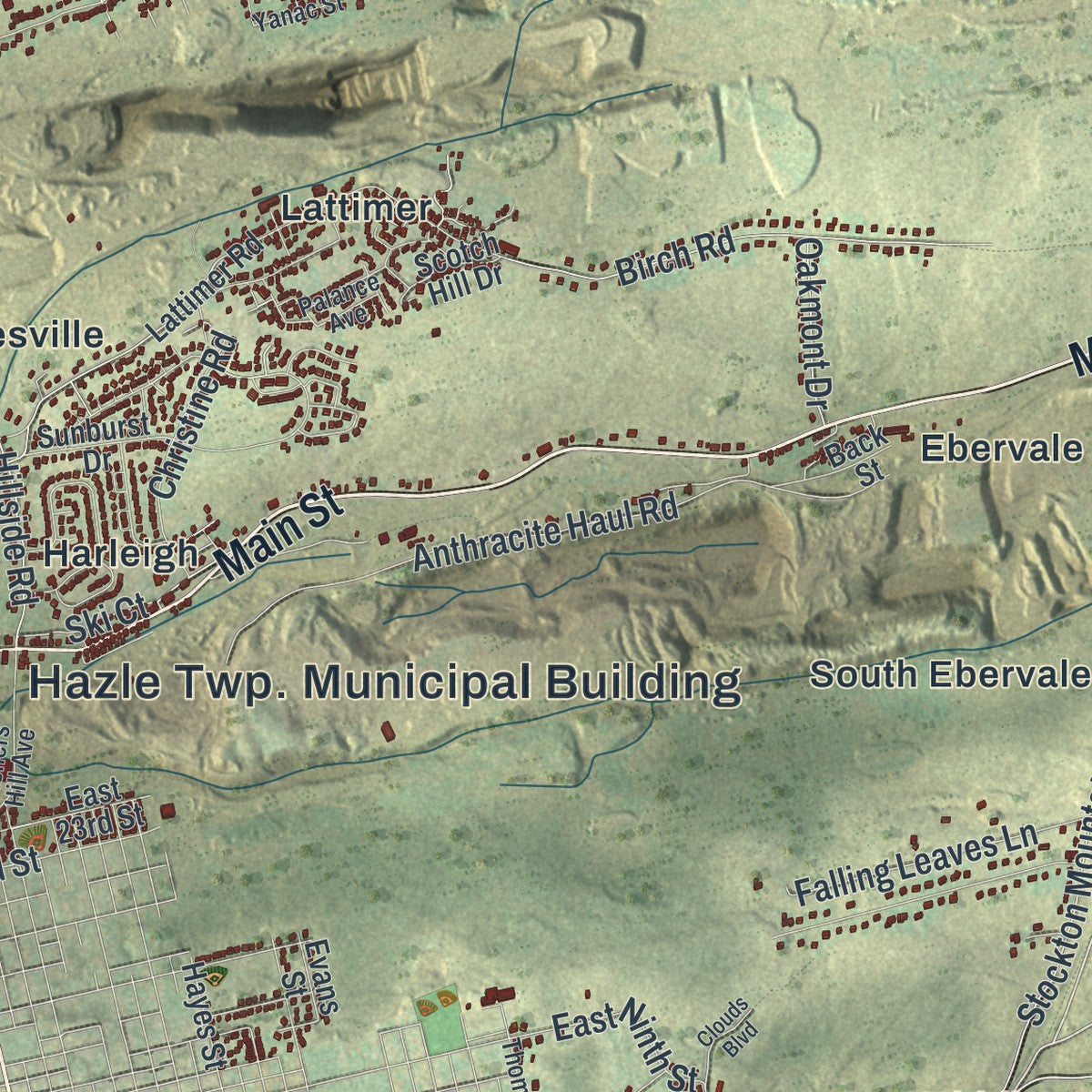 Close-up of the map of Hazle, Pennsylvania print showing street and building detail