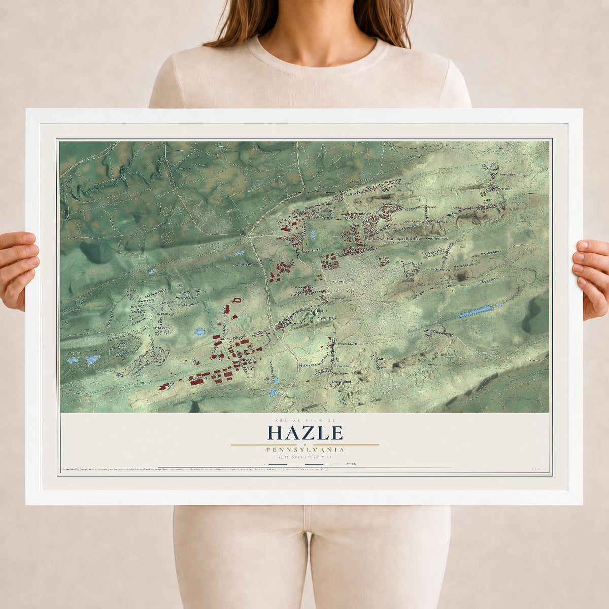 Map of Hazle, Pennsylvania, 18 x 24 inch print in a white wood frame