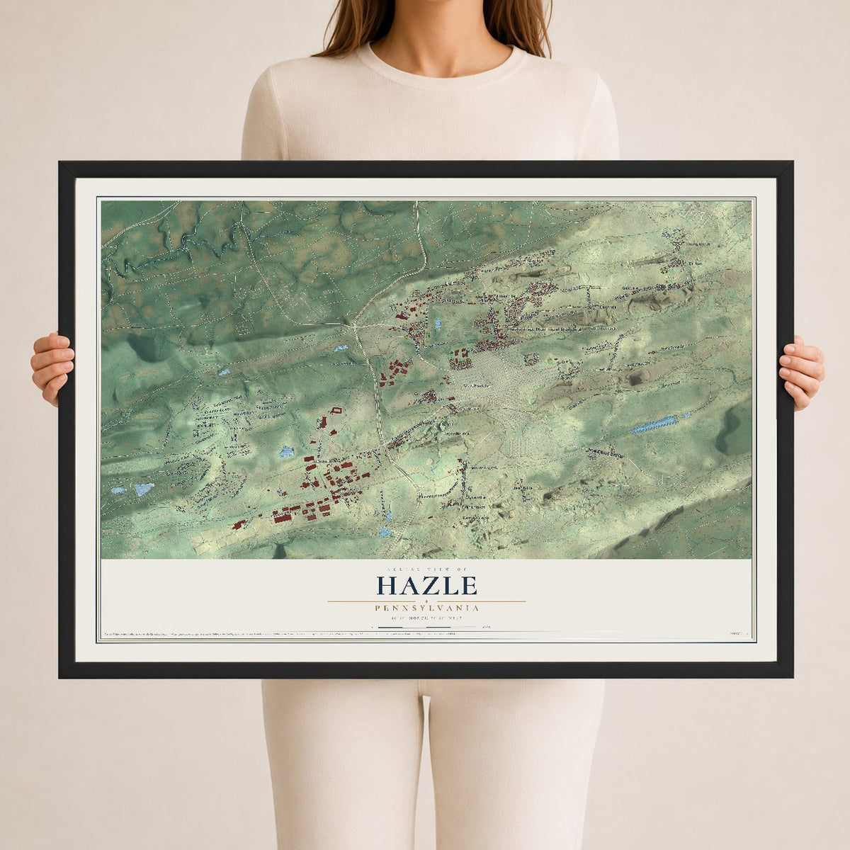 Map of Hazle, Pennsylvania, 24 x 36 inch print in a black wood frame