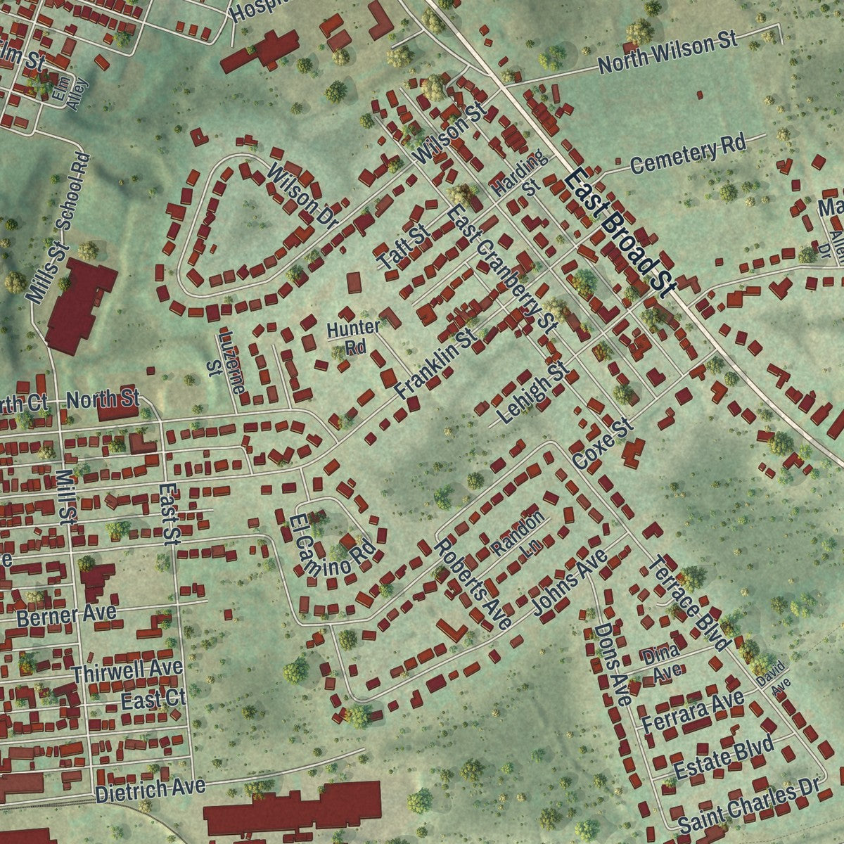 Second close-up of the map of Hazleton, Pennsylvania print showing more streets and buildings